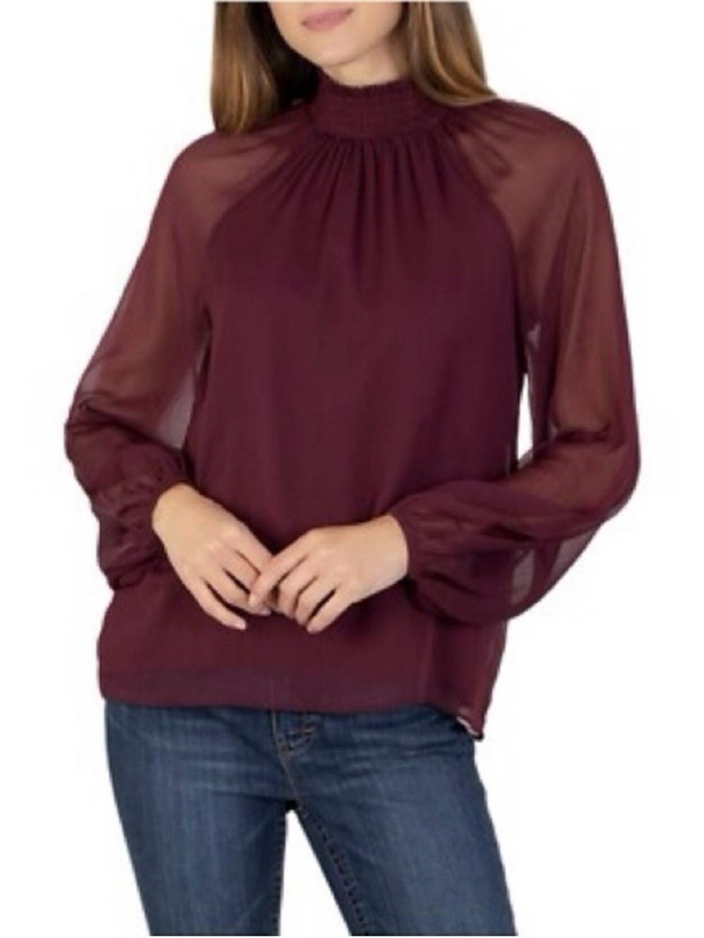 Joie High-Neck Smocked Deep Wine Blouse Top Sheer Long Sleeves Size XL